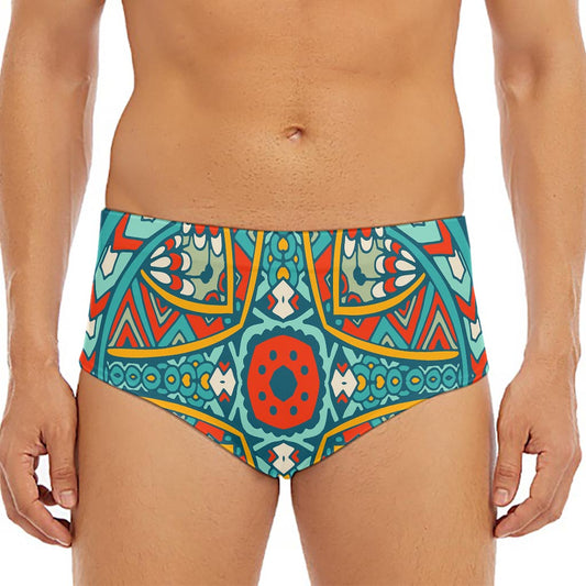 Teal Bohemian Mandala Pattern Print Men's Triangle Swim Briefs