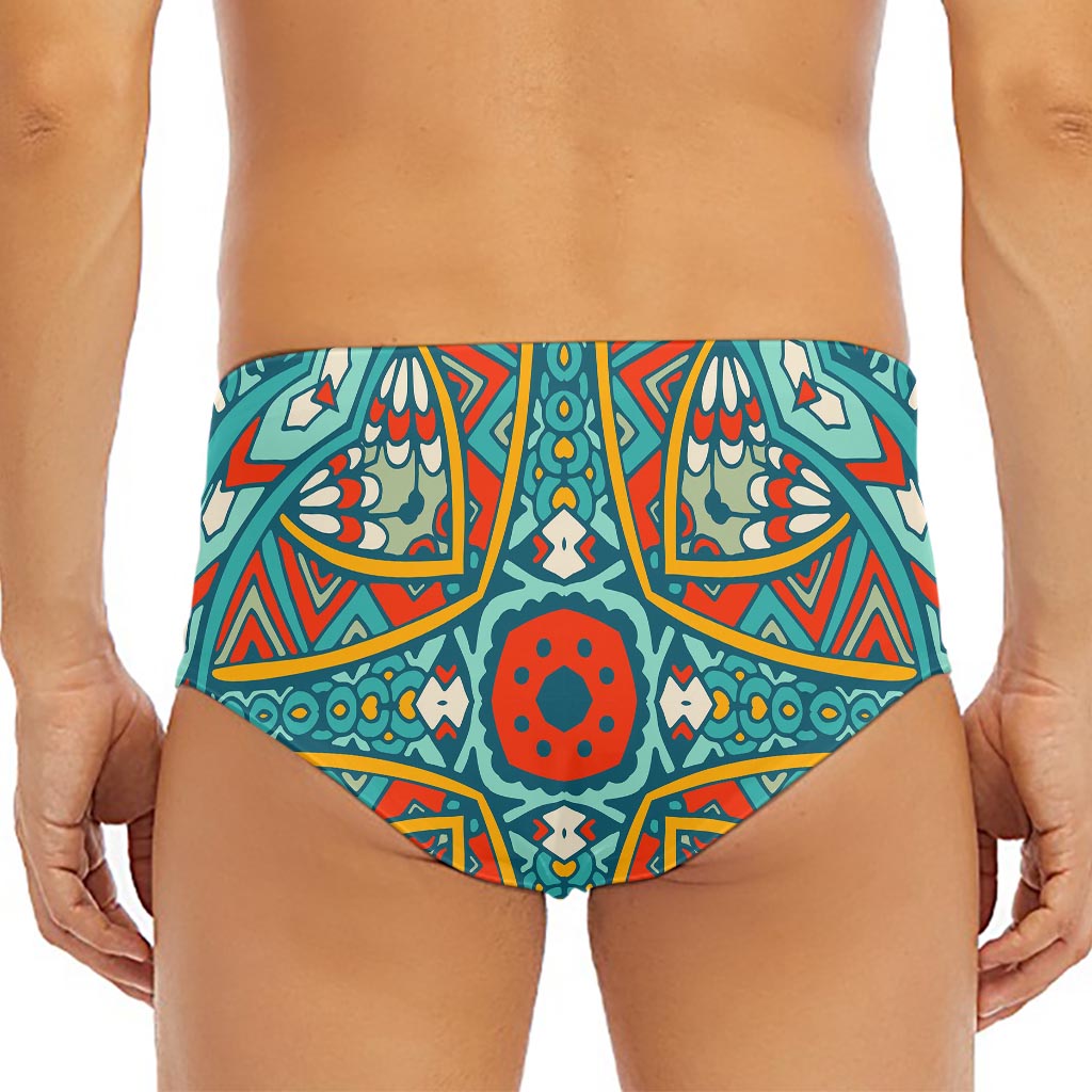 Teal Bohemian Mandala Pattern Print Men's Triangle Swim Briefs