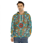 Teal Bohemian Mandala Pattern Print Men's Velvet Pullover Hoodie