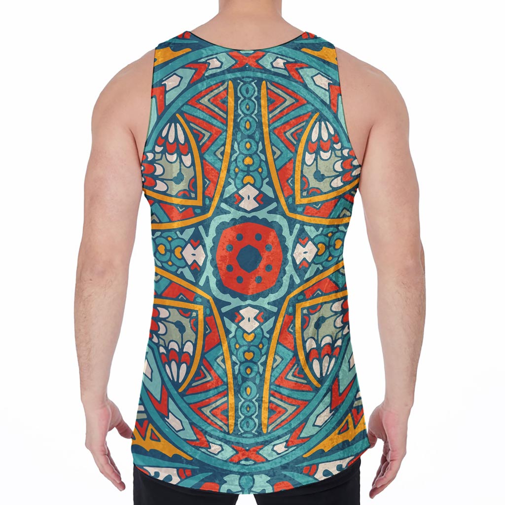Teal Bohemian Mandala Pattern Print Men's Velvet Tank Top