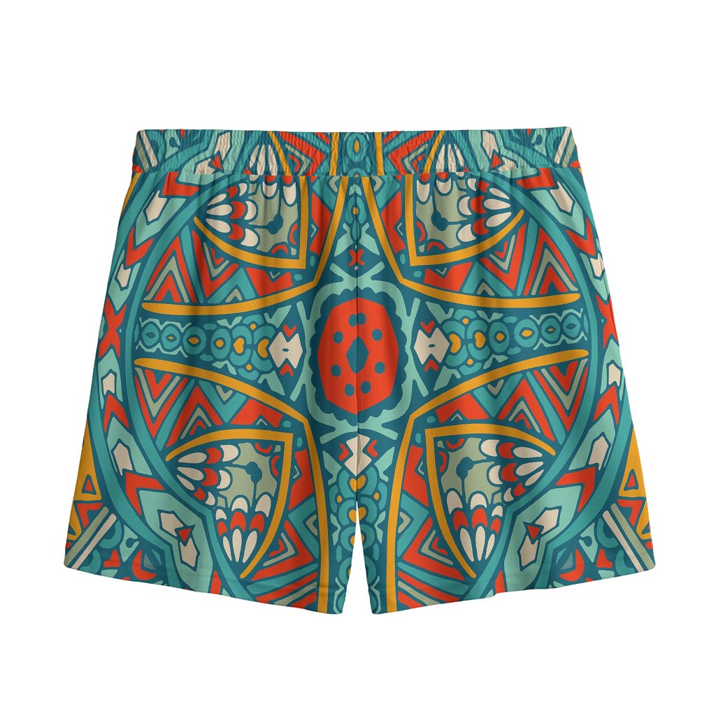 Teal Bohemian Mandala Pattern Print Mesh Shorts