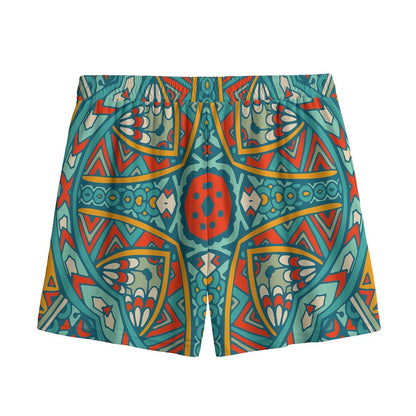 Teal Bohemian Mandala Pattern Print Mesh Shorts