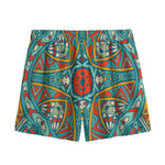 Teal Bohemian Mandala Pattern Print Mesh Shorts