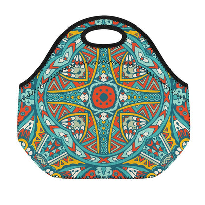 Teal Bohemian Mandala Pattern Print Neoprene Lunch Bag