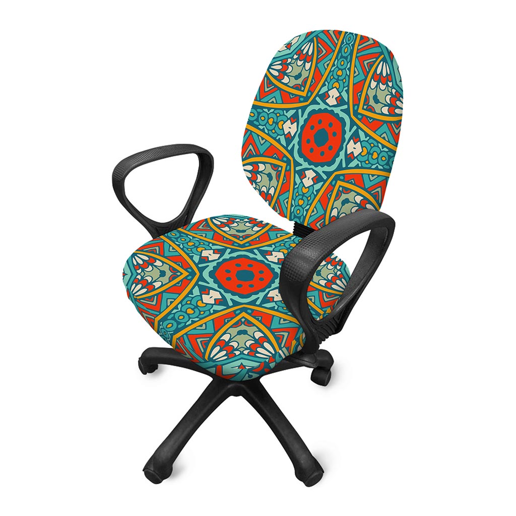 Teal Bohemian Mandala Pattern Print Office Chair Cover