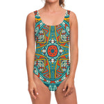 Teal Bohemian Mandala Pattern Print One Piece Swimsuit