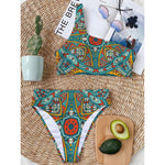 Teal Bohemian Mandala Pattern Print One Shoulder Bikini Top