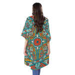 Teal Bohemian Mandala Pattern Print Open Front Beach Cover Up