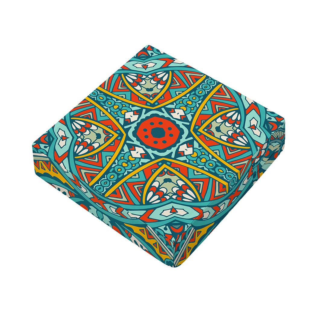 Teal Bohemian Mandala Pattern Print Outdoor Seat Cushion Cover