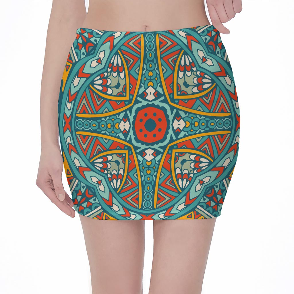 Teal Bohemian Mandala Pattern Print Pencil Mini Skirt