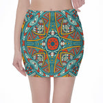 Teal Bohemian Mandala Pattern Print Pencil Mini Skirt