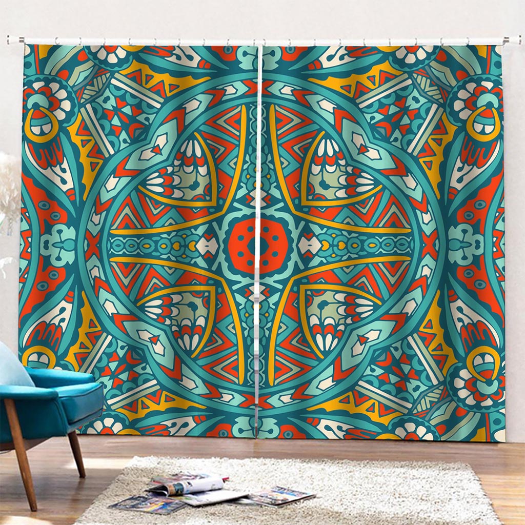 Teal Bohemian Mandala Pattern Print Pencil Pleat Curtains