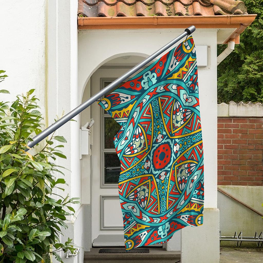 Teal Bohemian Mandala Pattern Print Polyester Flag