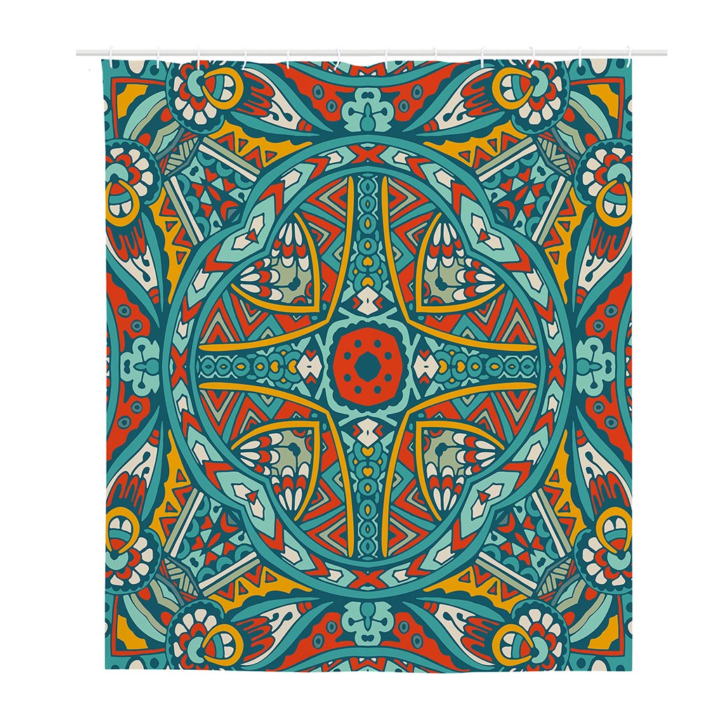 Teal Bohemian Mandala Pattern Print Polyester Shower Curtain
