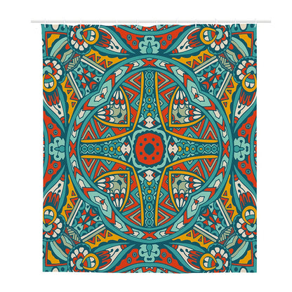 Teal Bohemian Mandala Pattern Print Polyester Shower Curtain