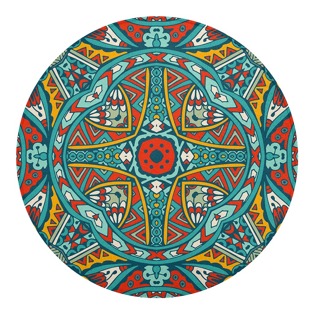 Teal Bohemian Mandala Pattern Print Round Blanket