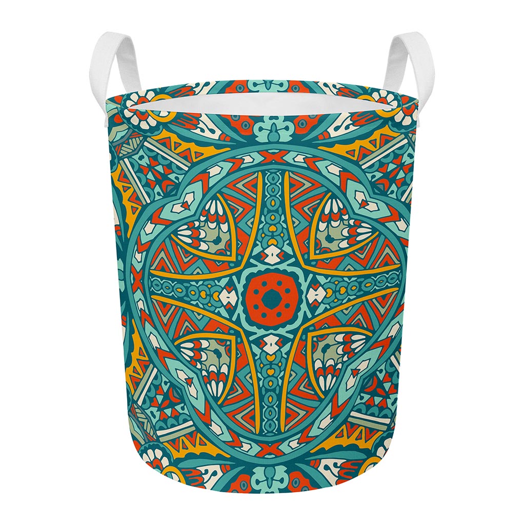 Teal Bohemian Mandala Pattern Print Round Laundry Basket