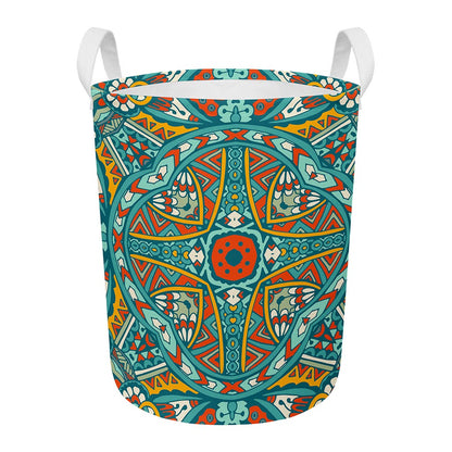 Teal Bohemian Mandala Pattern Print Round Laundry Basket