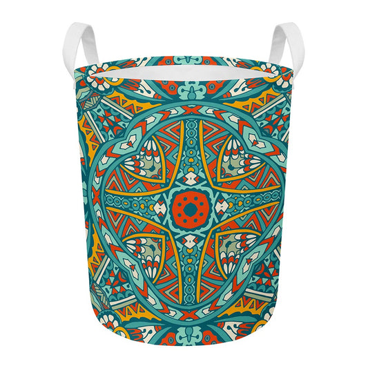 Teal Bohemian Mandala Pattern Print Round Laundry Basket