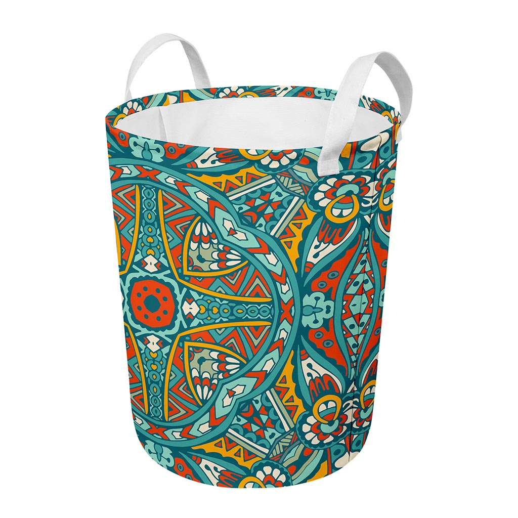 Teal Bohemian Mandala Pattern Print Round Laundry Basket