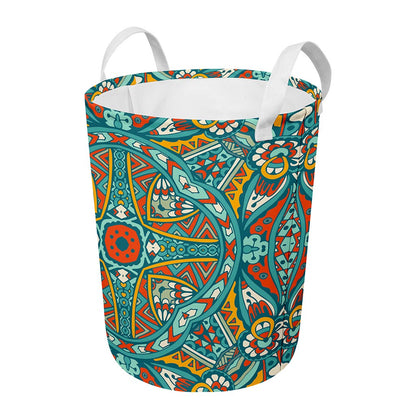 Teal Bohemian Mandala Pattern Print Round Laundry Basket