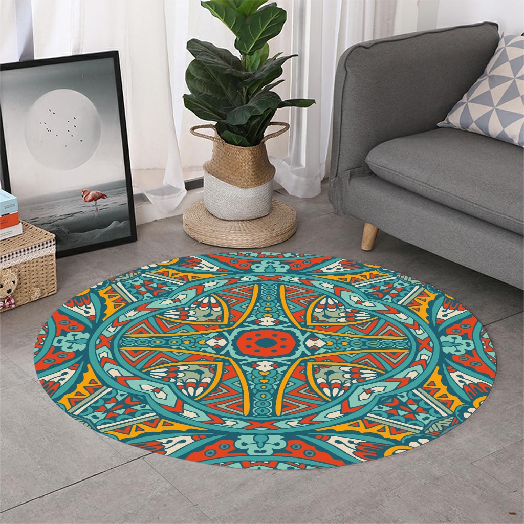 Teal Bohemian Mandala Pattern Print Round Rug