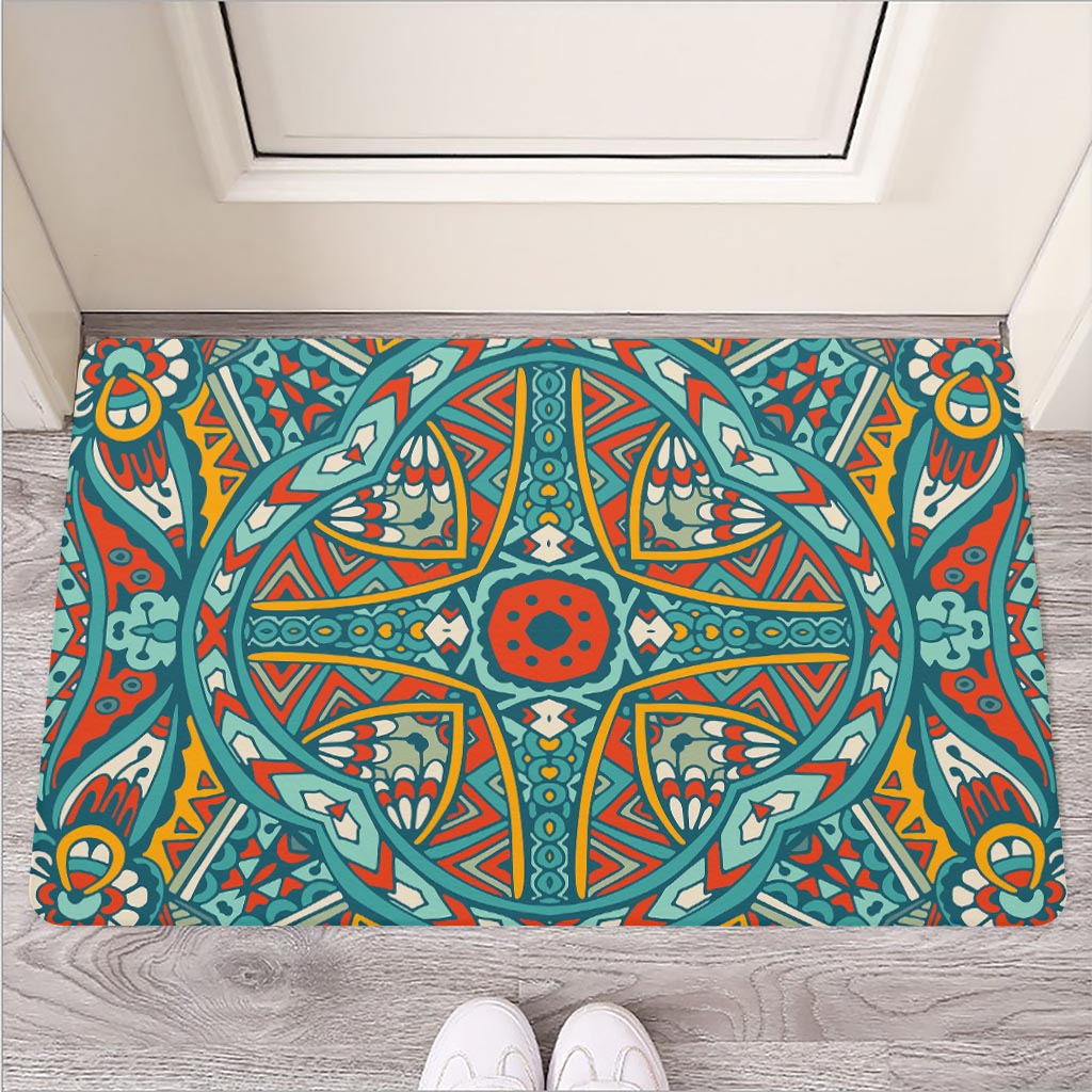 Teal Bohemian Mandala Pattern Print Rubber Doormat