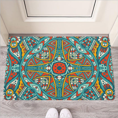 Teal Bohemian Mandala Pattern Print Rubber Doormat