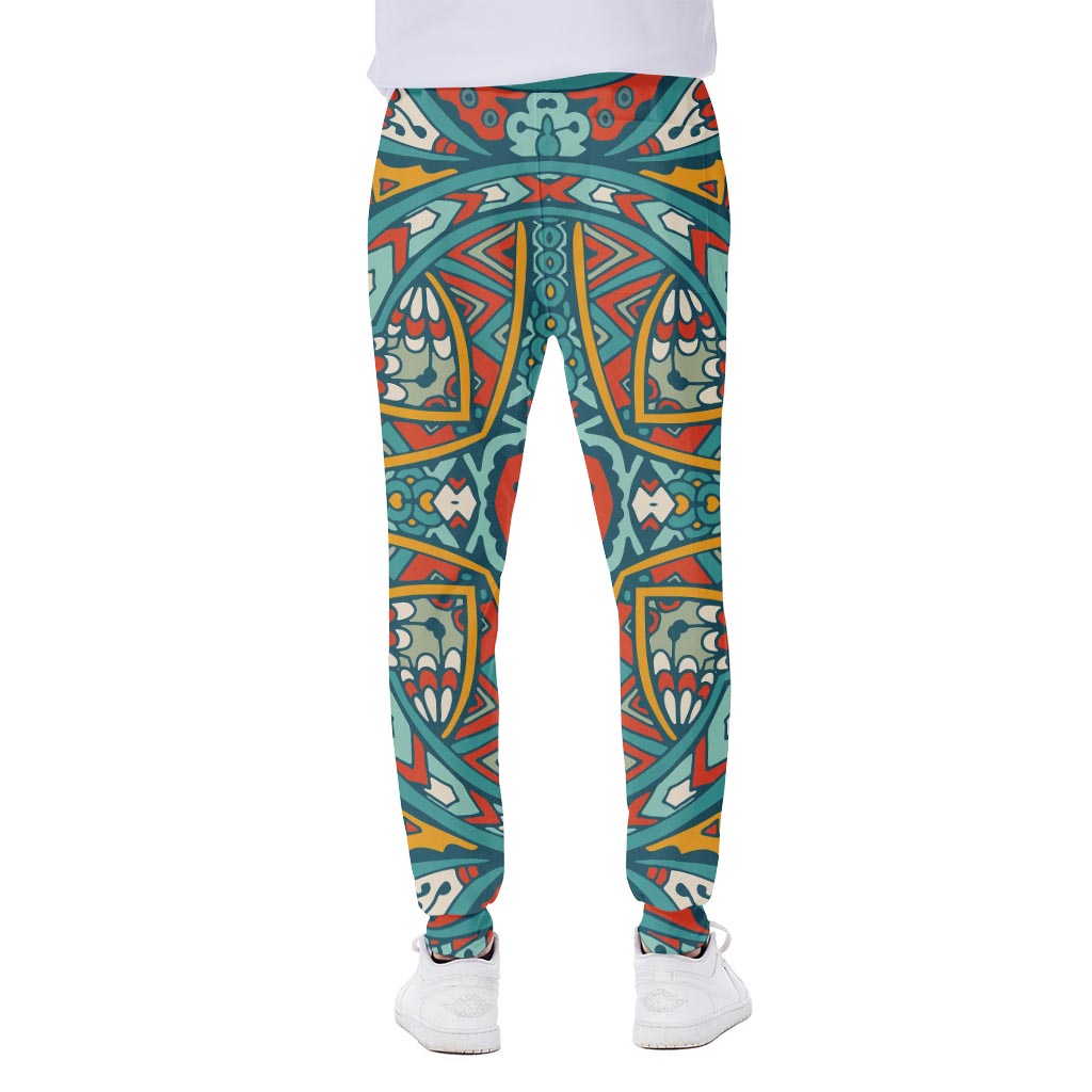 Teal Bohemian Mandala Pattern Print Scuba Joggers