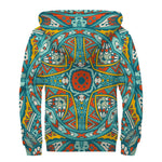 Teal Bohemian Mandala Pattern Print Sherpa Lined Zip Up Hoodie