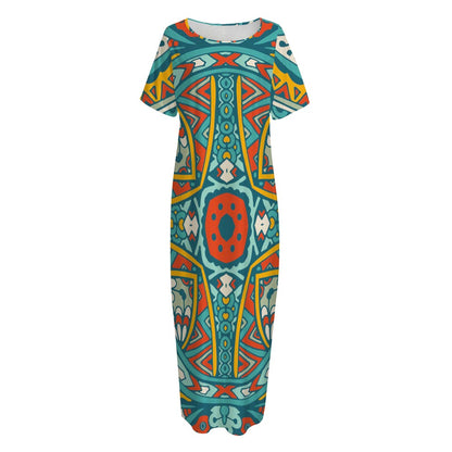 Teal Bohemian Mandala Pattern Print Short Sleeve Long Nightdress