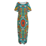 Teal Bohemian Mandala Pattern Print Short Sleeve Long Nightdress