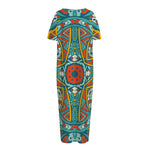 Teal Bohemian Mandala Pattern Print Short Sleeve Long Nightdress