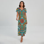 Teal Bohemian Mandala Pattern Print Short Sleeve Maxi Dress