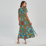 Teal Bohemian Mandala Pattern Print Short Sleeve Maxi Dress