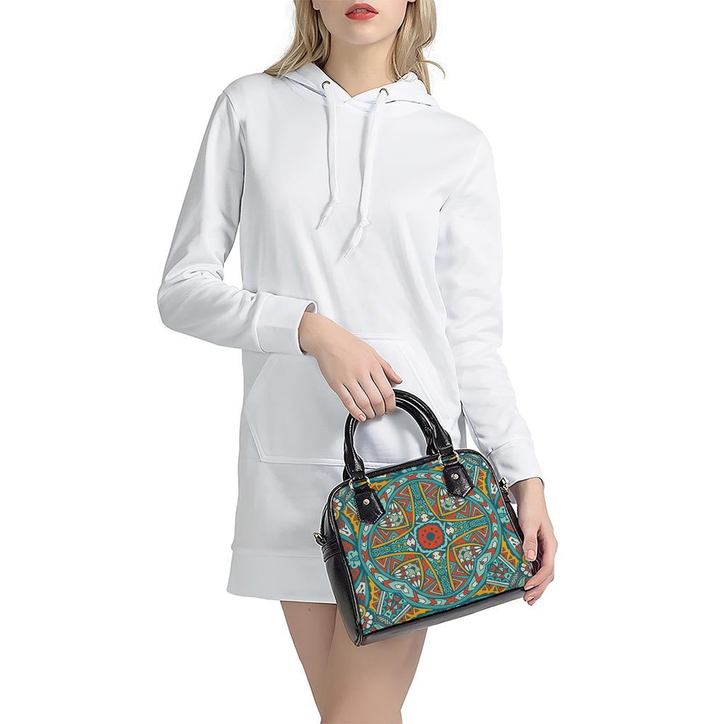 Teal Bohemian Mandala Pattern Print Shoulder Handbag