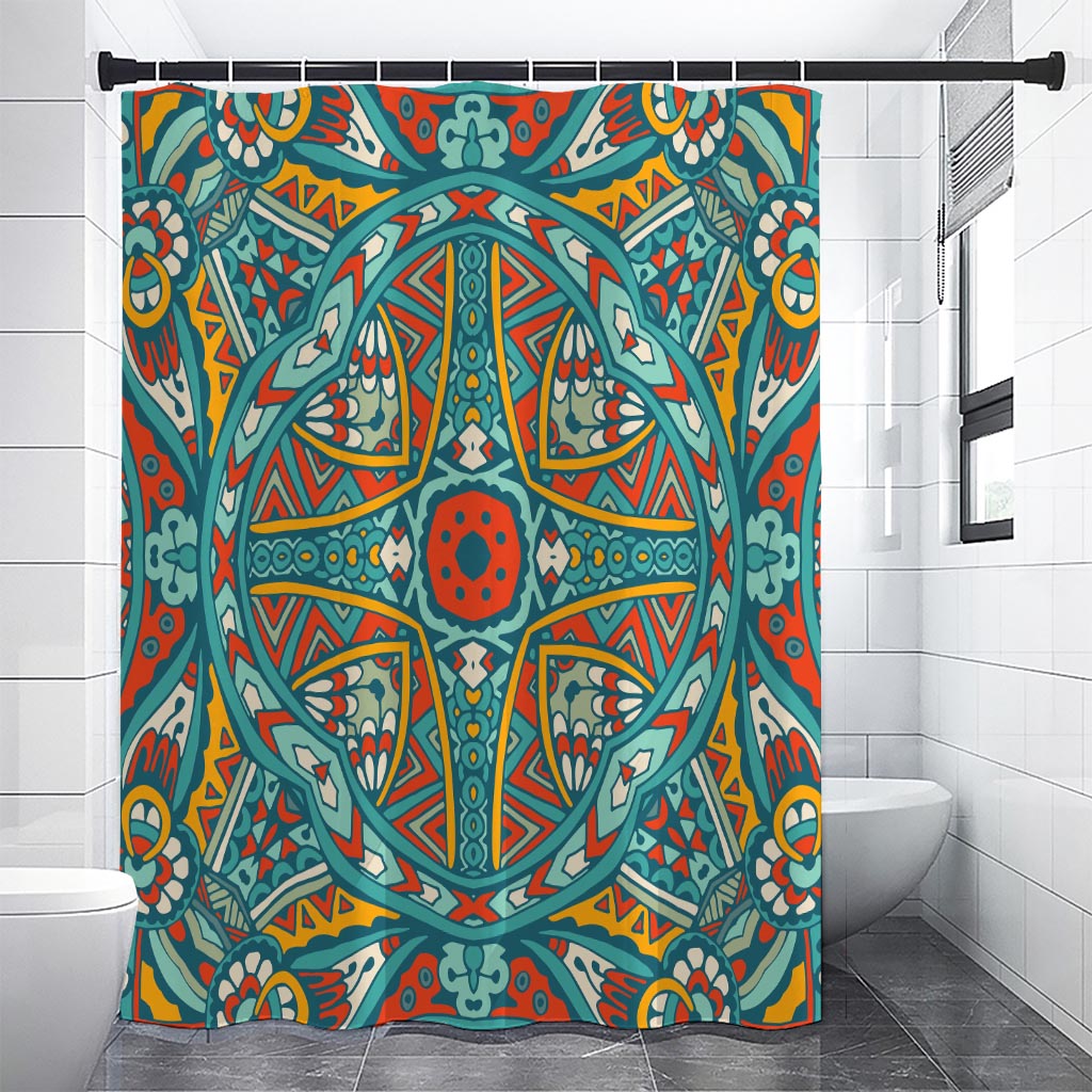 Teal Bohemian Mandala Pattern Print Shower Curtain