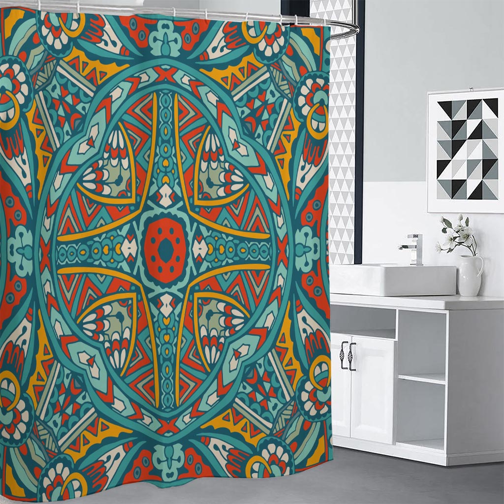 Teal Bohemian Mandala Pattern Print Shower Curtain