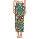 Teal Bohemian Mandala Pattern Print Side Slit Maxi Skirt
