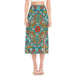 Teal Bohemian Mandala Pattern Print Side Slit Midi Skirt