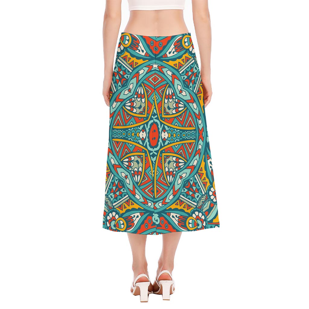 Teal Bohemian Mandala Pattern Print Side Slit Midi Skirt