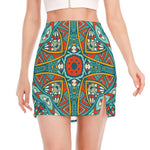 Teal Bohemian Mandala Pattern Print Side Slit Mini Skirt