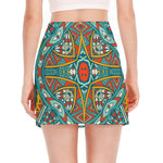 Teal Bohemian Mandala Pattern Print Side Slit Mini Skirt