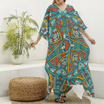 Teal Bohemian Mandala Pattern Print Silk V-Neck Kaftan Dress
