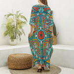 Teal Bohemian Mandala Pattern Print Silk V-Neck Kaftan Dress