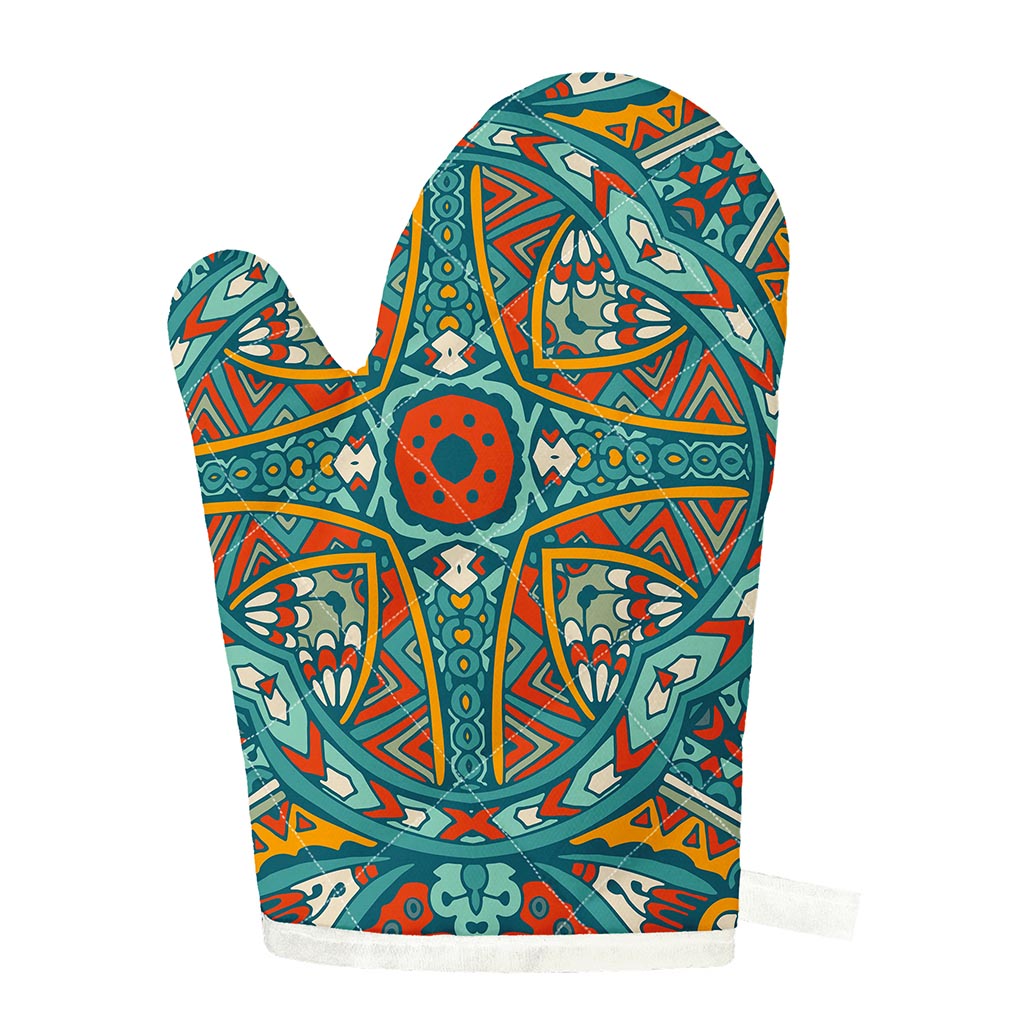 Teal Bohemian Mandala Pattern Print Single Oven Mitt