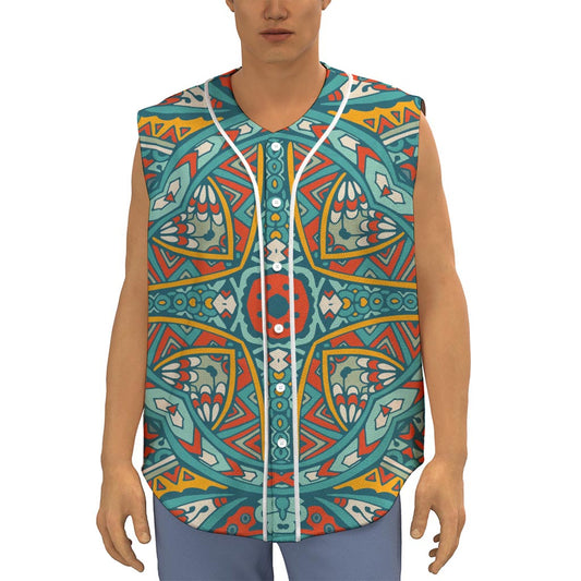 Teal Bohemian Mandala Pattern Print Sleeveless Baseball Jersey