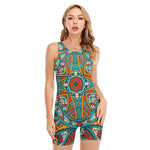 Teal Bohemian Mandala Pattern Print Sleeveless One Piece Swimsuit