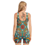 Teal Bohemian Mandala Pattern Print Sleeveless One Piece Swimsuit