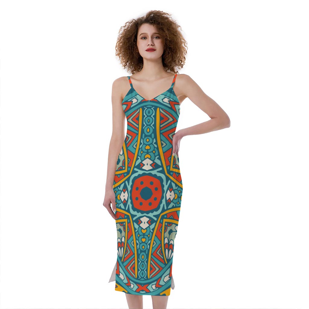 Teal Bohemian Mandala Pattern Print Slim Fit Midi Cami Dress